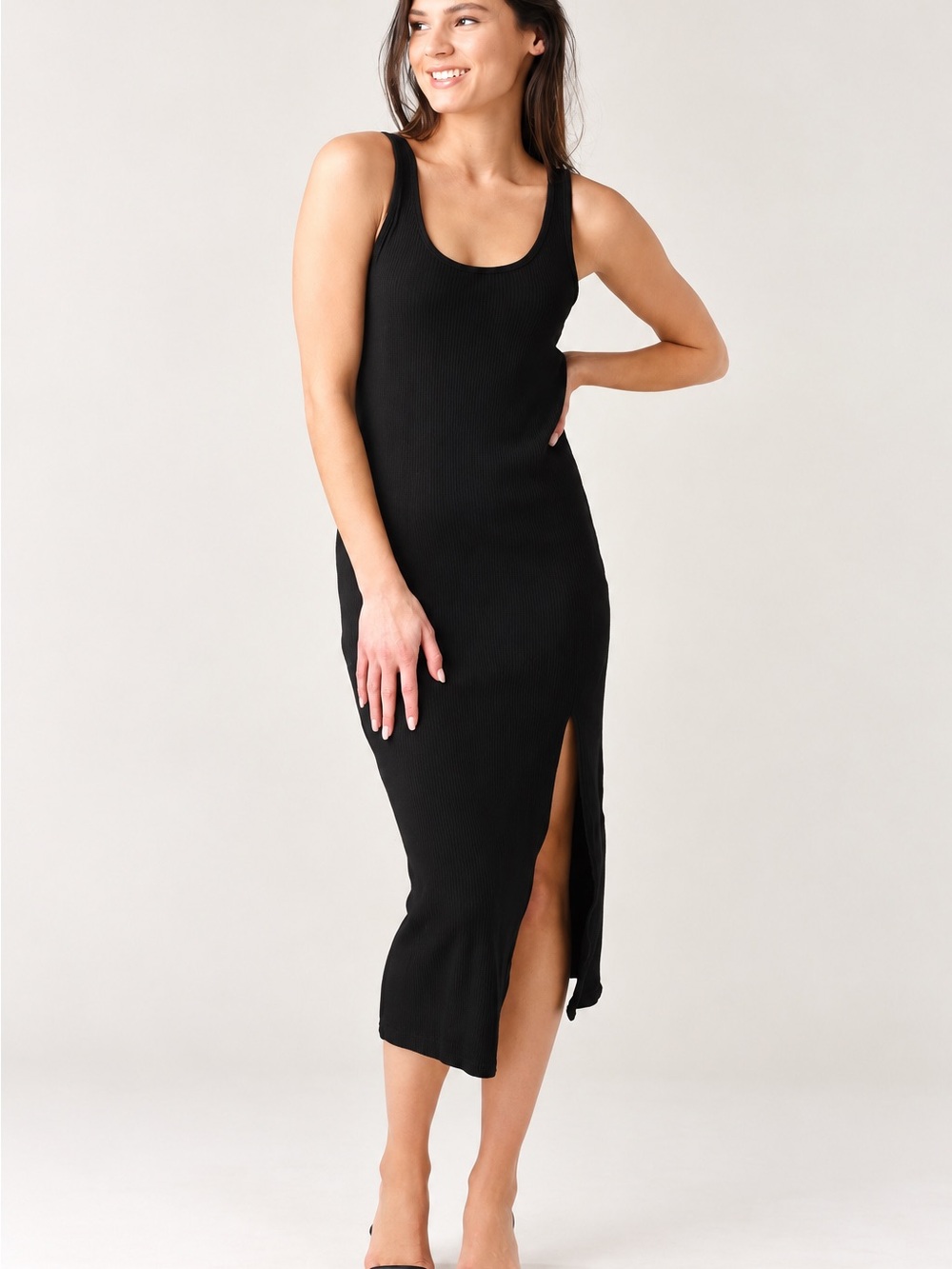 Z Supply Melina Rib Midi Dress Black Size Large Side Slit
